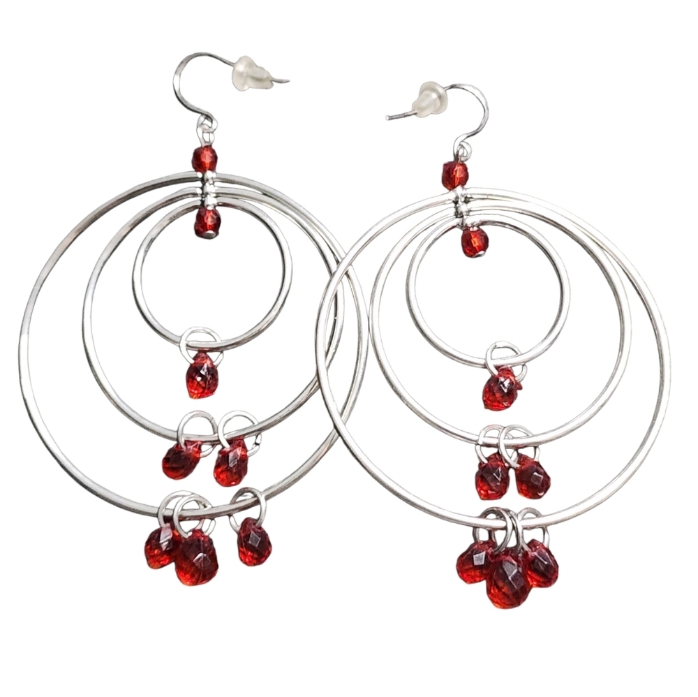 Silvertone Hoop Earrings with Red Beads